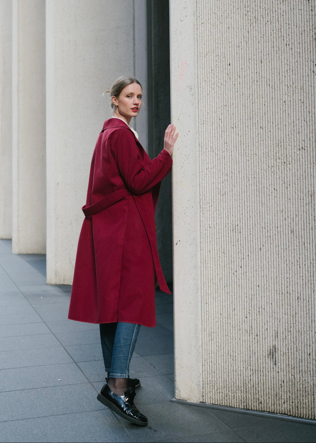 Women’s wool blend wrap coat in Vino, handmade, front view