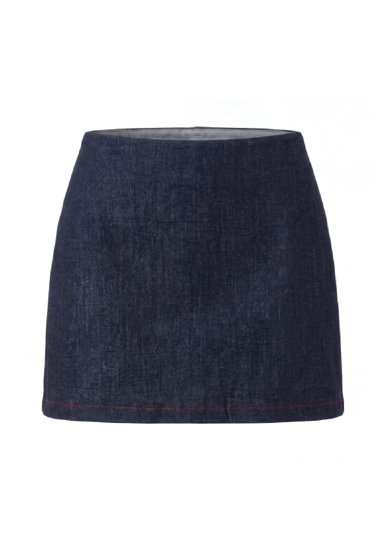 A dark navy blue denim mini skirt with a subtle red contrast stitch along the hem, shown against a plain white background.