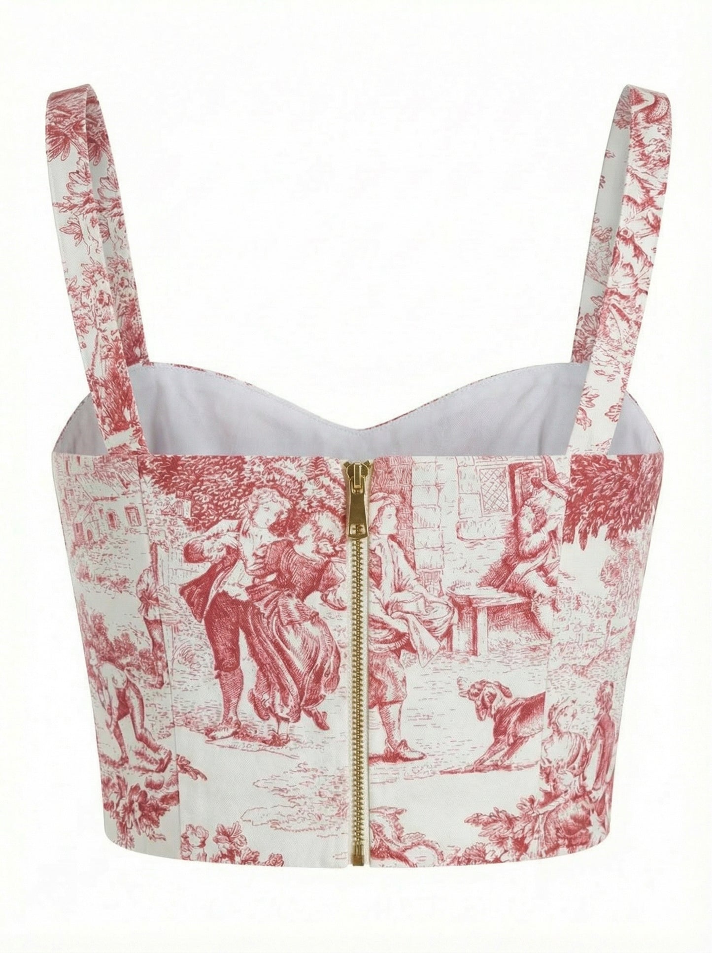 Red and white patterned crop top with a zipper on a white background