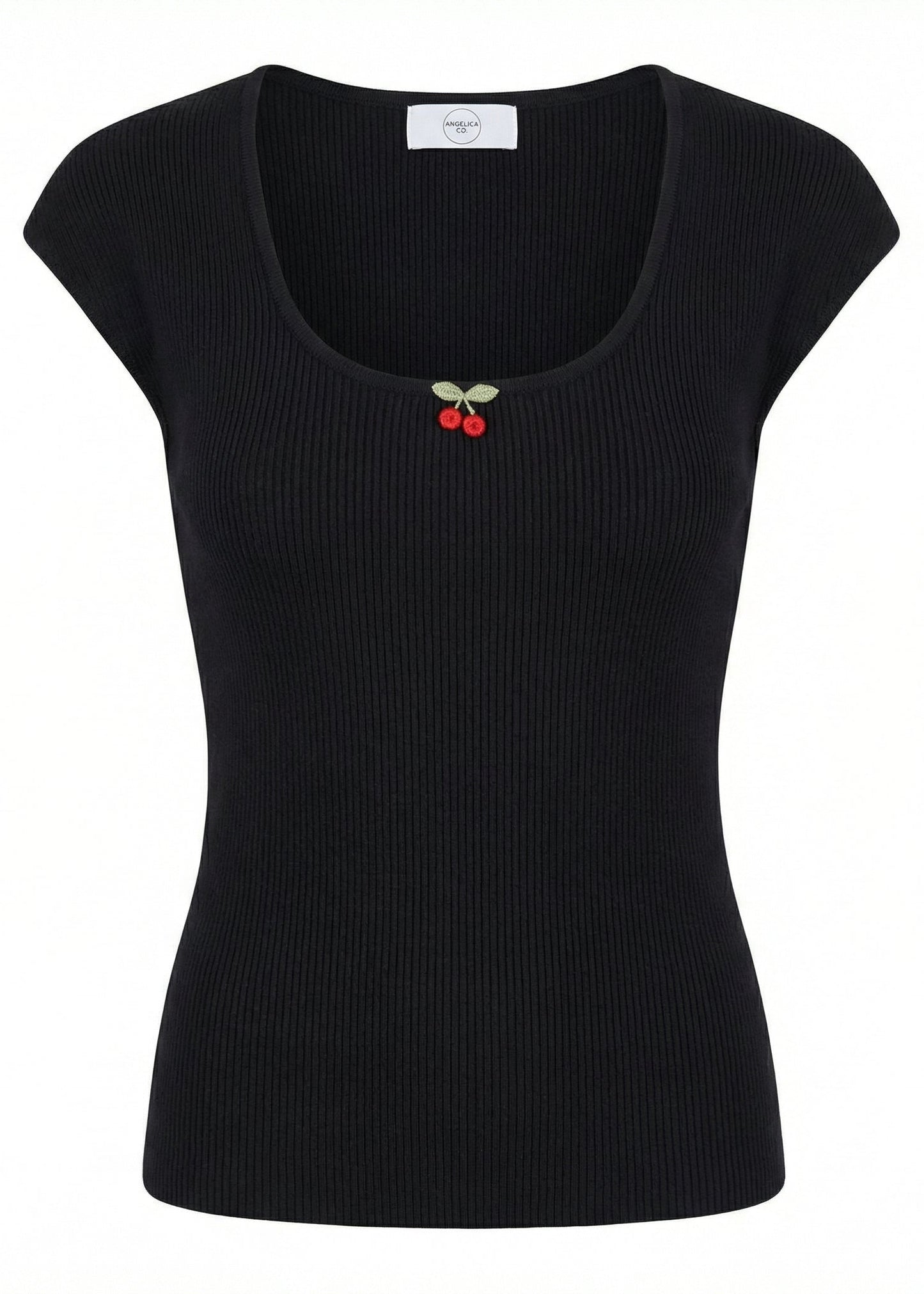 Black sleeveless top with a cherry design on a white background