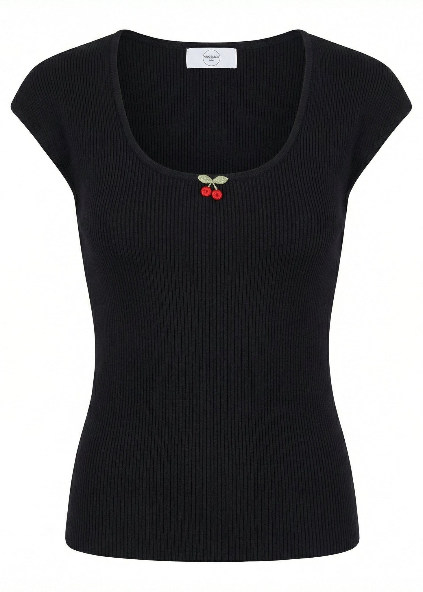 Black sleeveless top with a cherry design on a white background