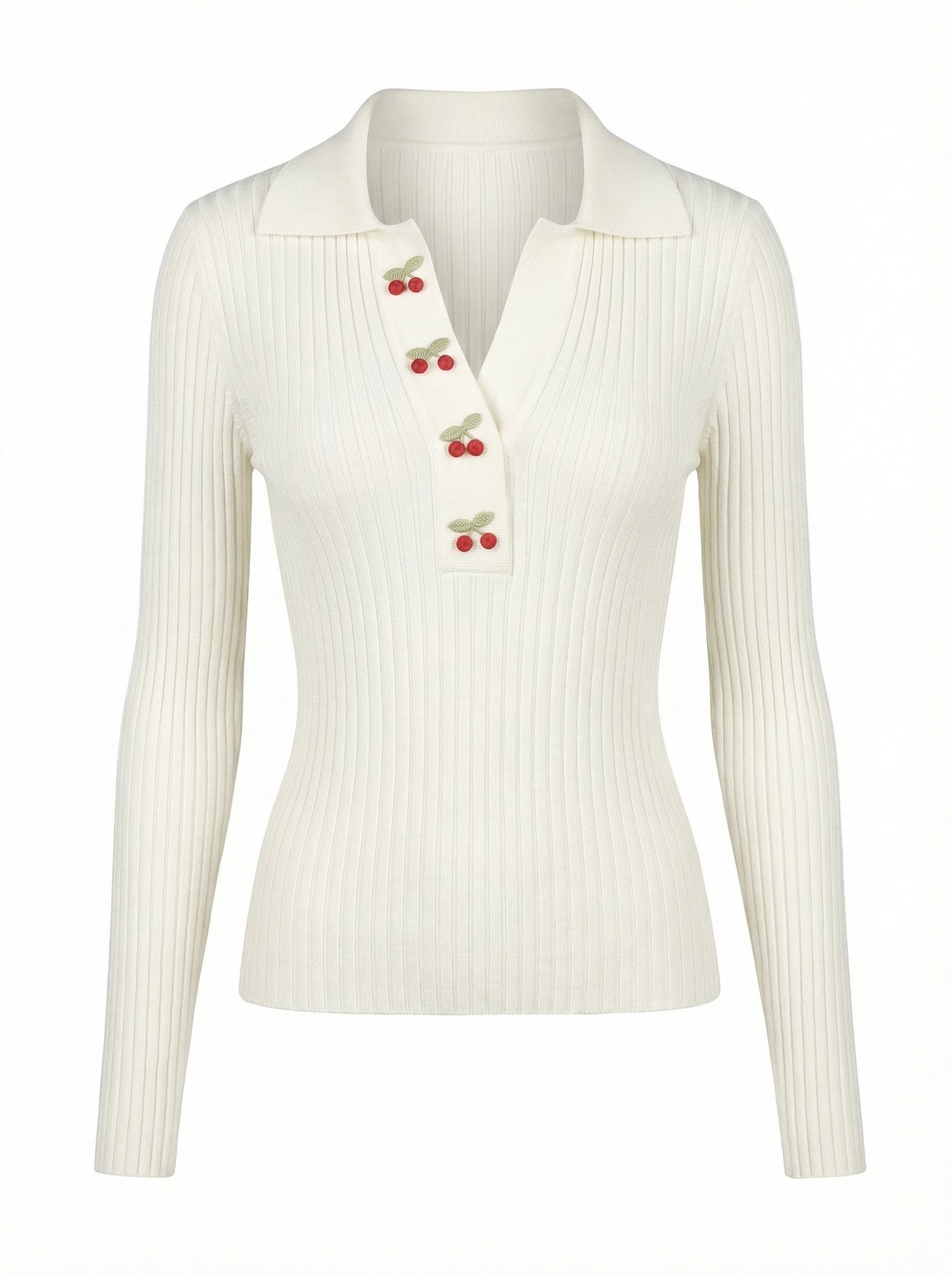 White ribbed sweater with cherry buttons on a white background