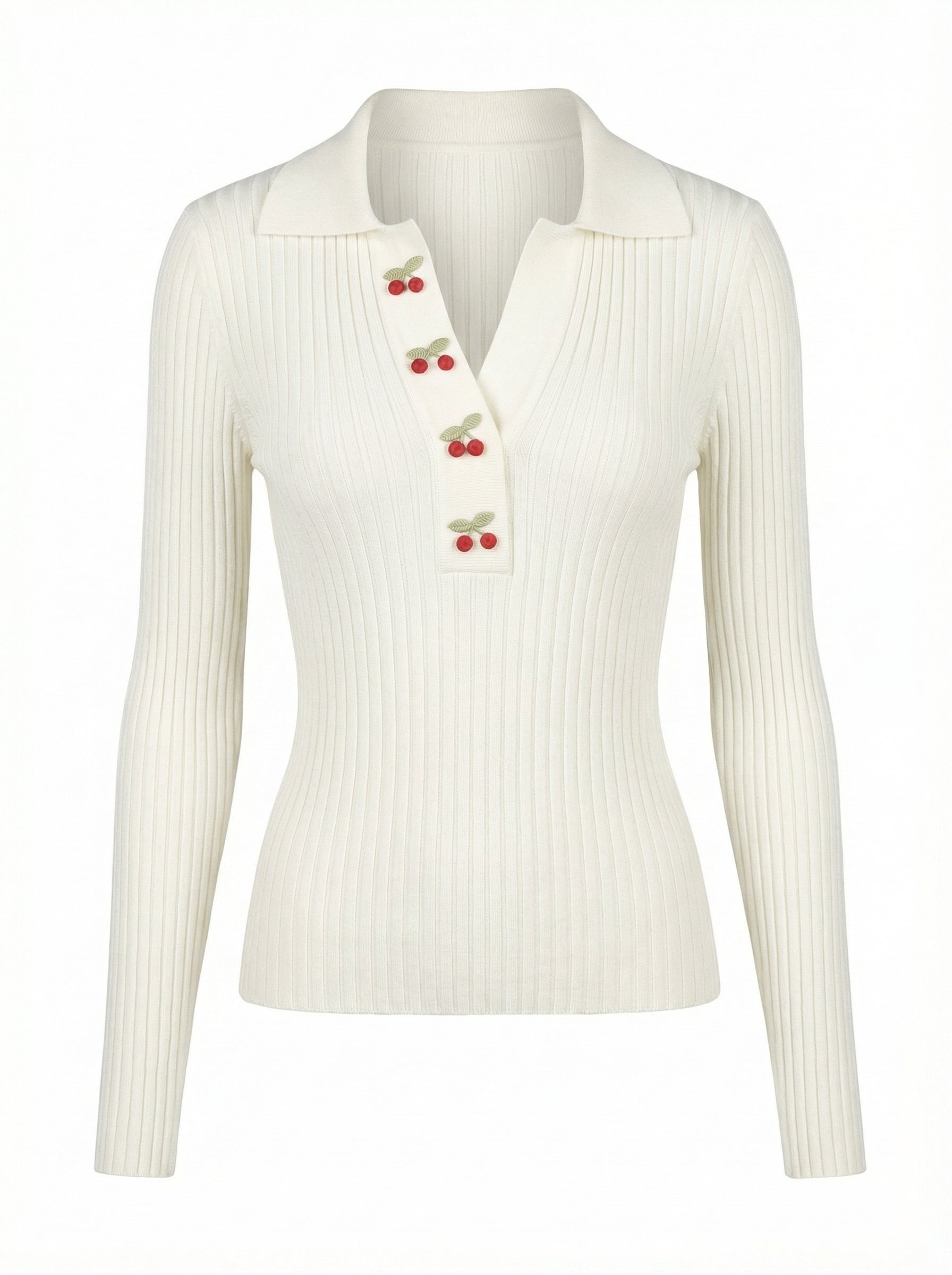 White ribbed sweater with cherry buttons on a white background
