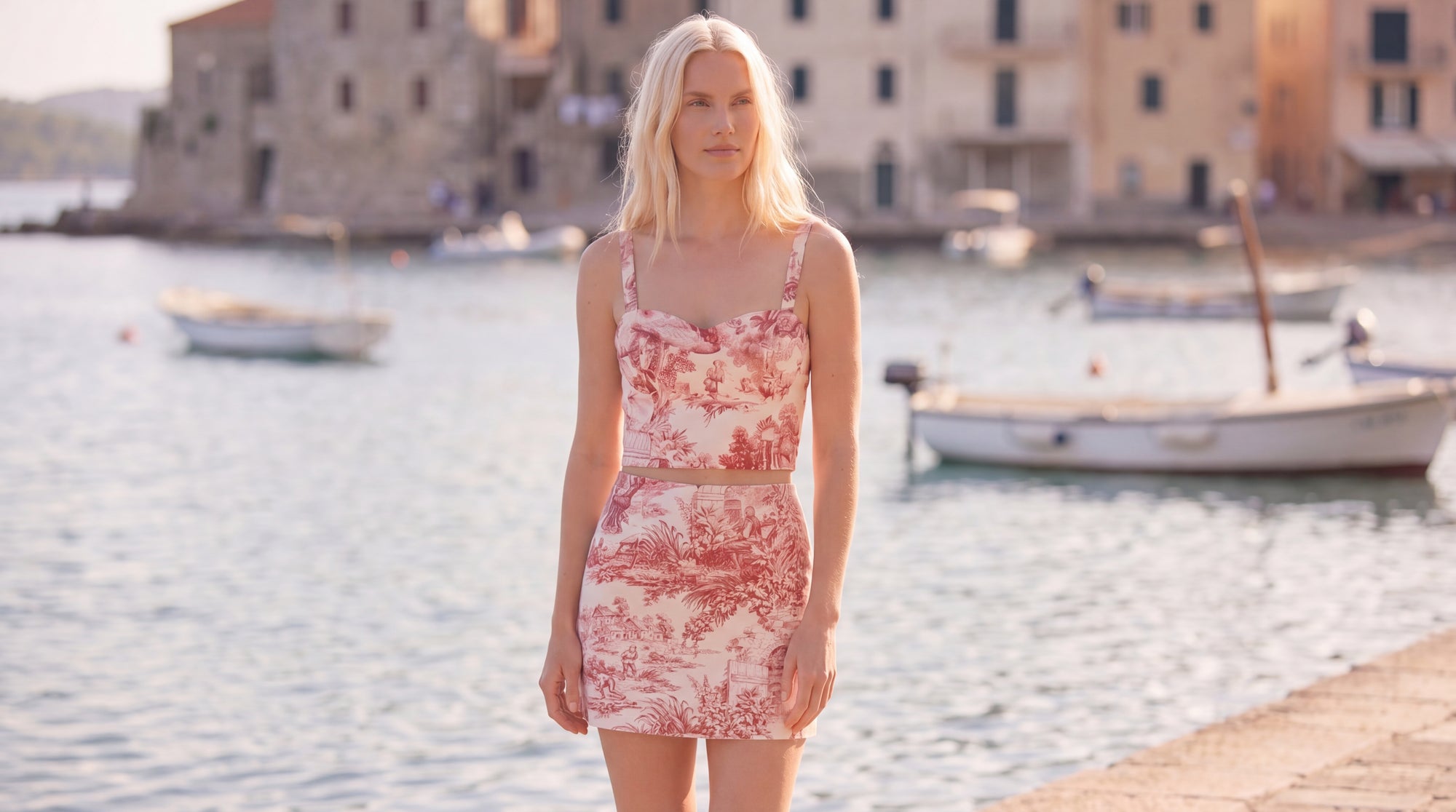 Woman in a pink dress standing by a waterfront with boats and buildings in the background