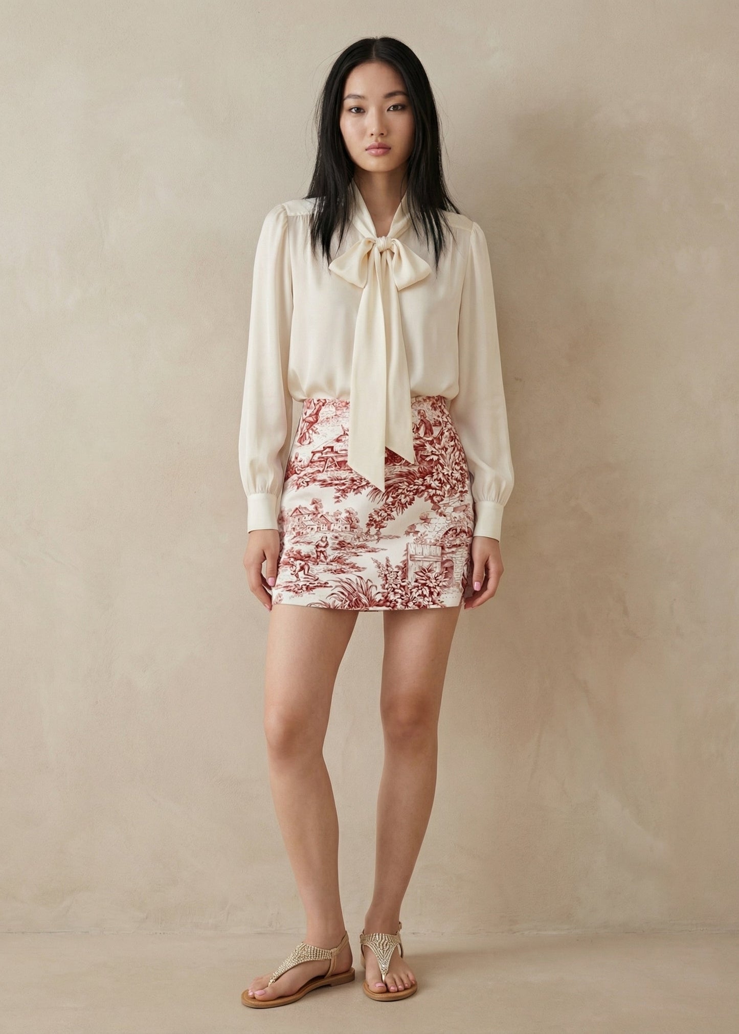 Woman wearing a white blouse with a bow and a red floral skirt against a beige background