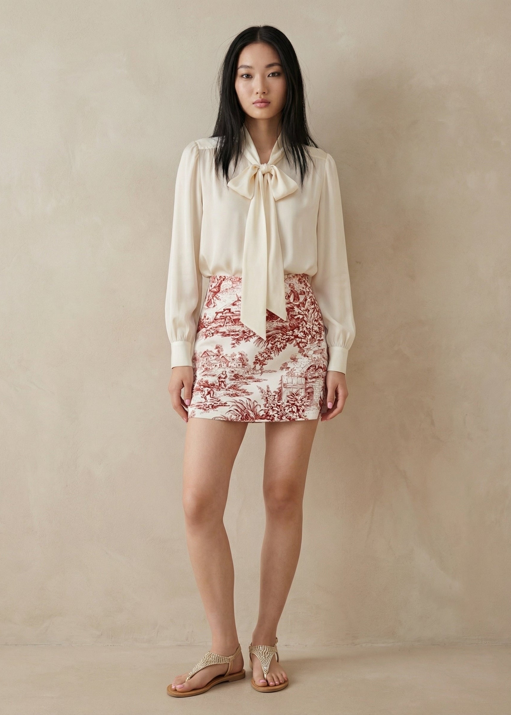 Woman wearing a white blouse with a bow and a red floral skirt against a beige background