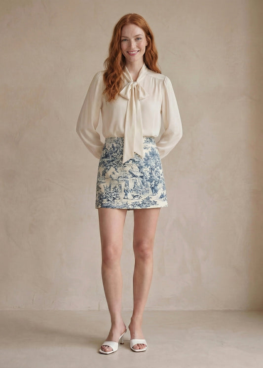 Woman wearing a white blouse and floral skirt against a beige background