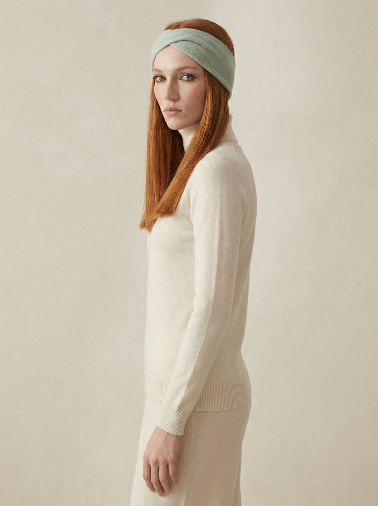 feminine winter outfit with mint green cashmere headband
