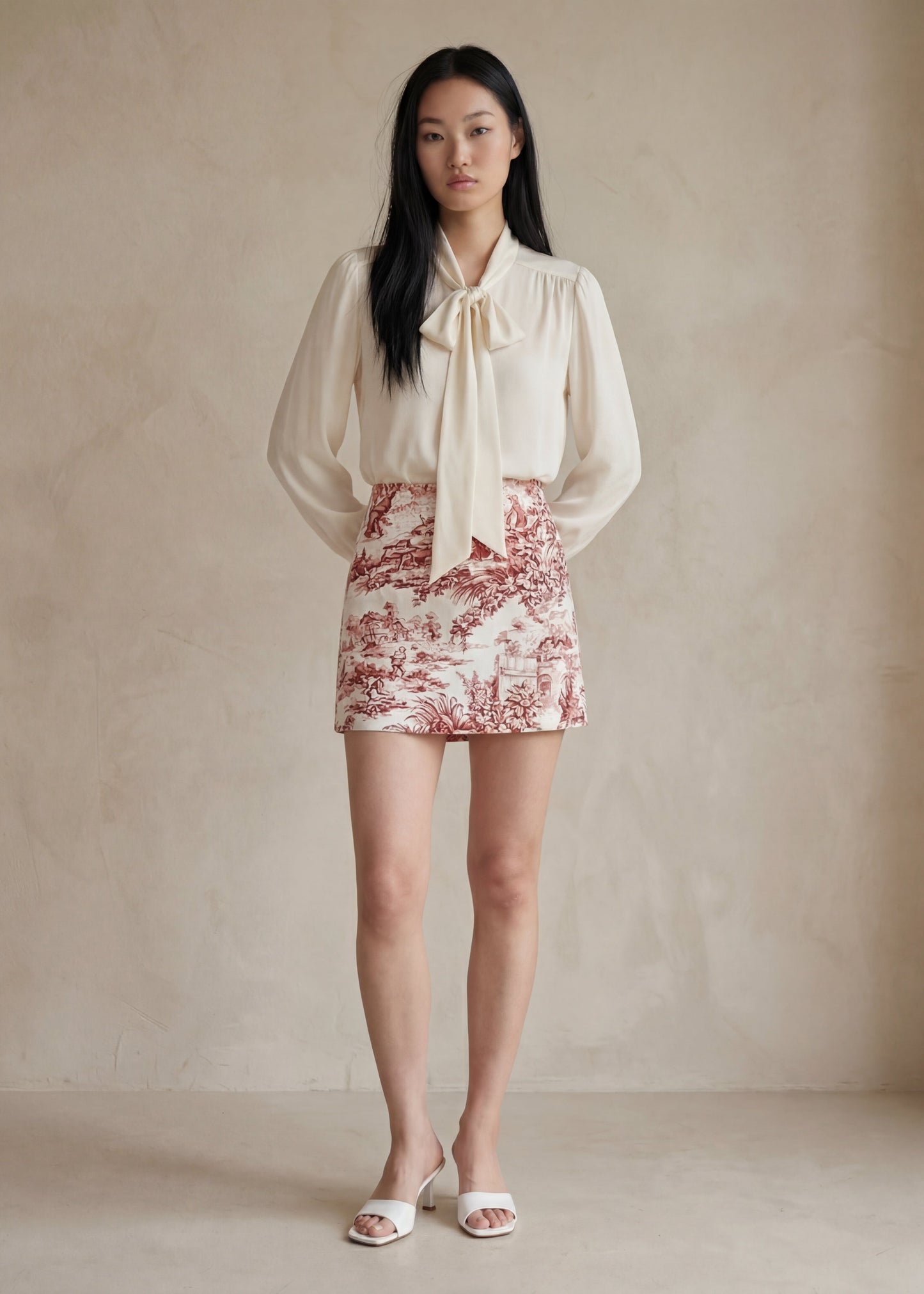 Woman wearing a white blouse and patterned skirt against a beige background