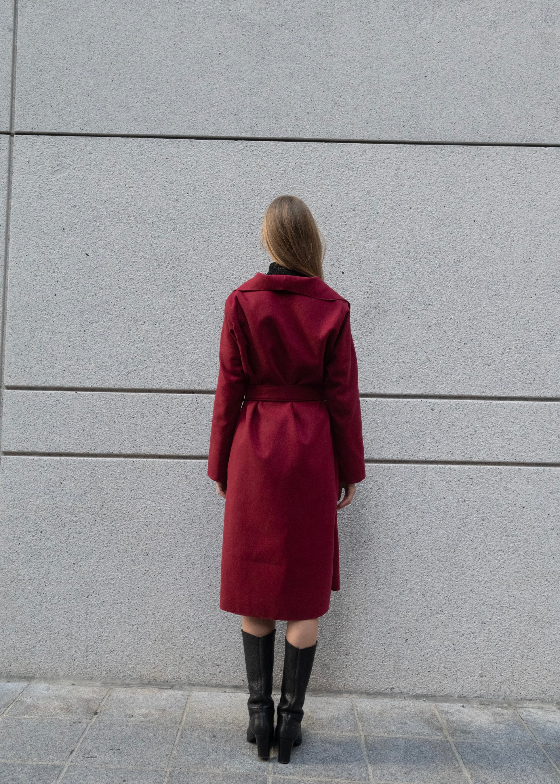 Back view of Vino wrap coat, wool blend, lightweight and versatile